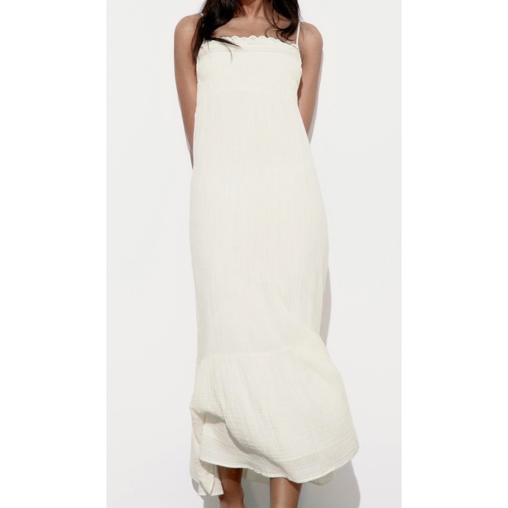 NWT Zara Womens Gauzy Midi Dress Large‎ Lace Eyelet Romantic Feminine Boho Ecru